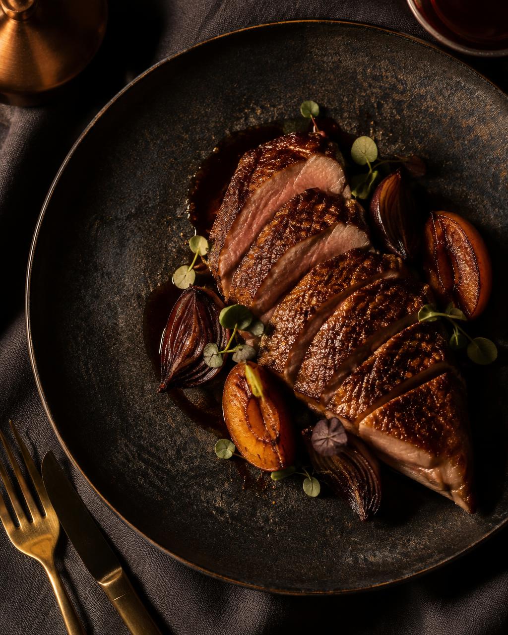 Seared duck breast plated on dark stoneware, retouched concept sample
